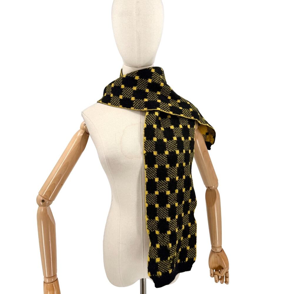 Vintage 80s Yellow Black 100% Wool Checkerboard Knit Scarf